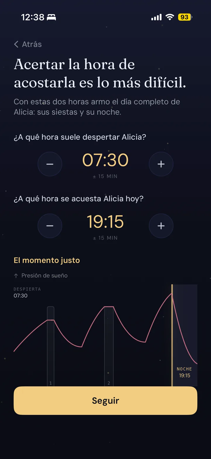 Pantalla de Somsio donde se eligen la hora de despertar y la de acostar al bebé
