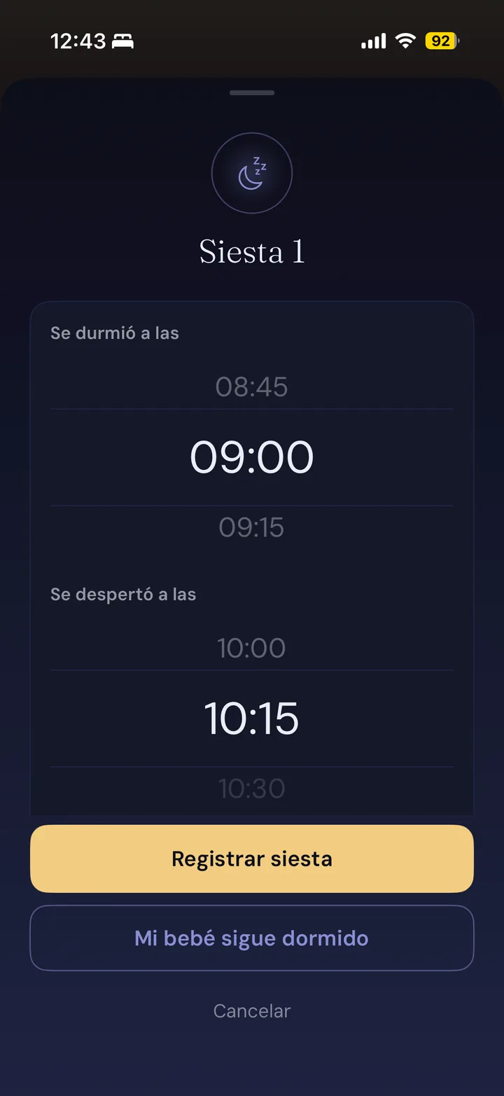 Pantalla de registro de una siesta en Somsio