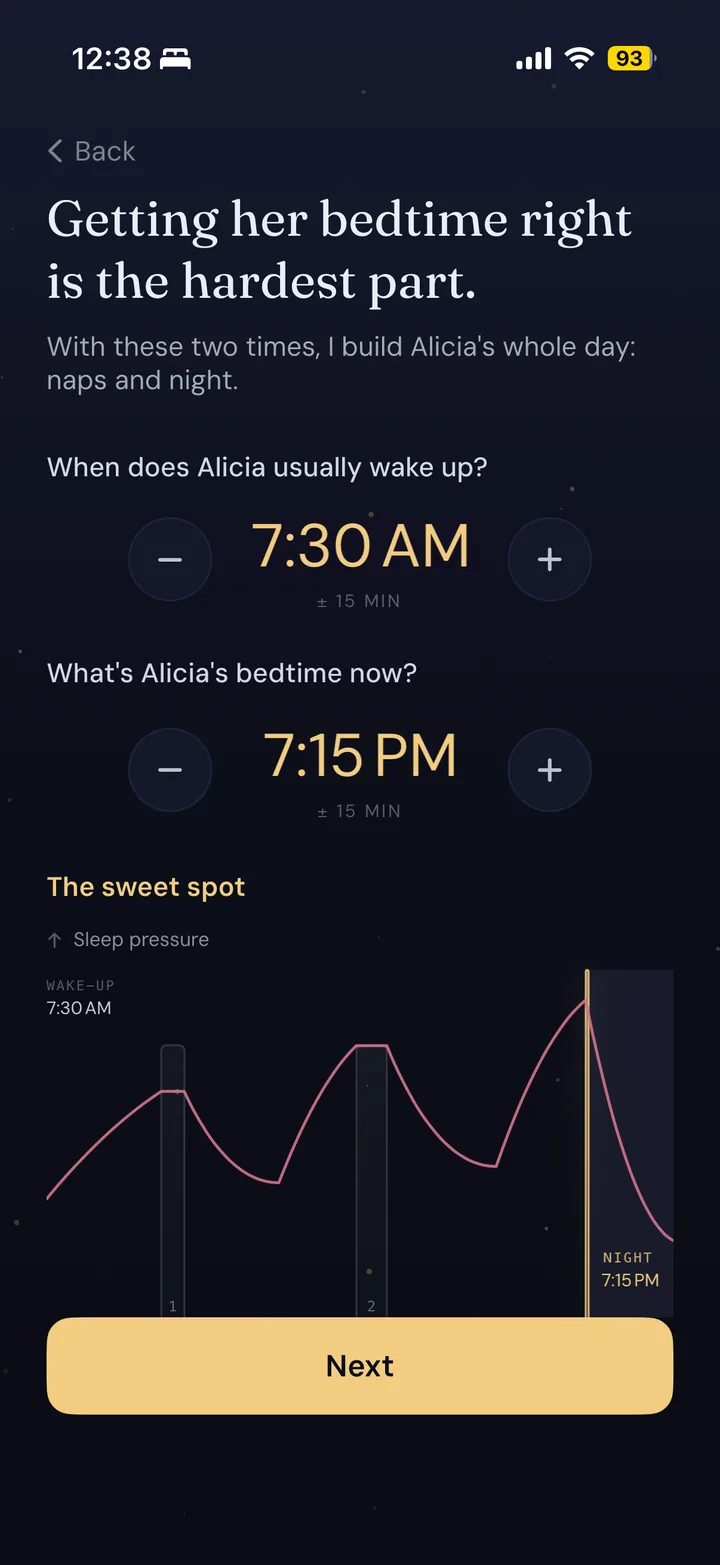 Somsio screen where you set your baby's wake-up time and bedtime