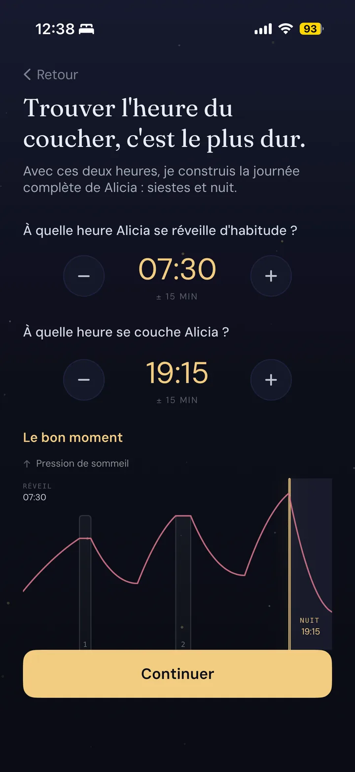 Écran de Somsio où l'on choisit l'heure du réveil et celle du coucher du bébé